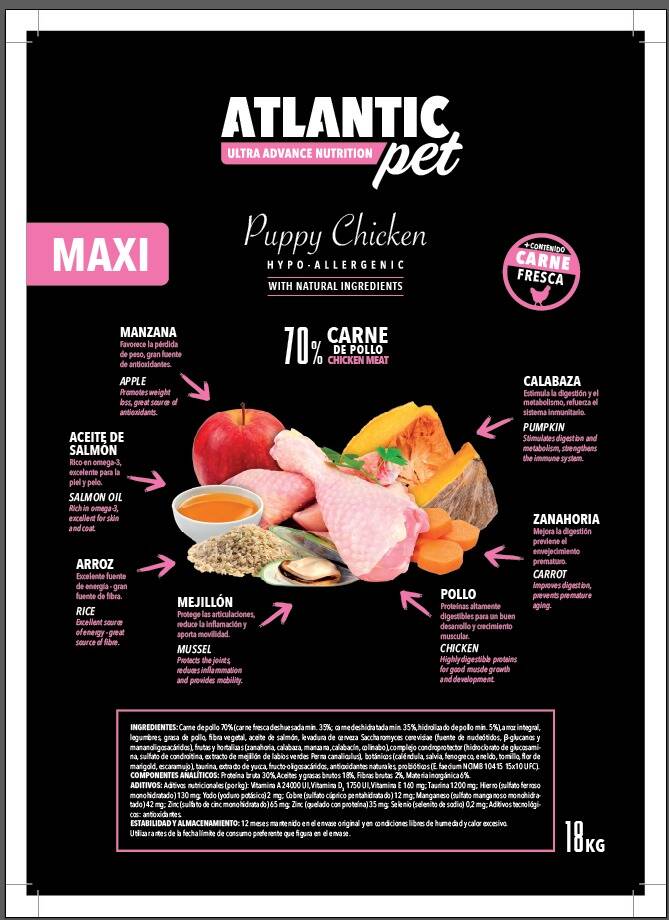 ATLANTICPET RECETA POLLO Y ARROZ PUPPY MAXI 70% CARNE 18 KILOS