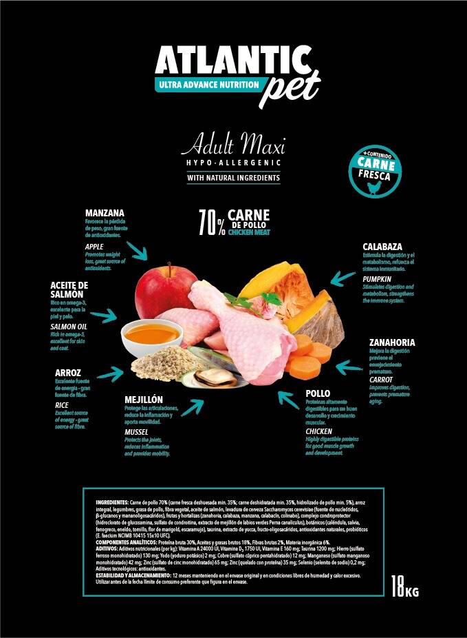 ATLANTICPET RECETA POLLO Y ARROZ ADULT MAXI 70% CARNE 18 KILOS